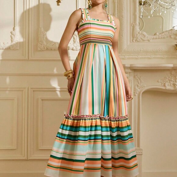 Pink Boho Women's Dress with Striped Floral Print, Square Neck, Ruched Straps - Picture 7 of 8